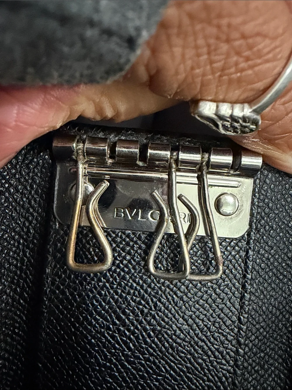 Bvlgari Black Leather Key & Card Holder with Silver BVLGARI Ring